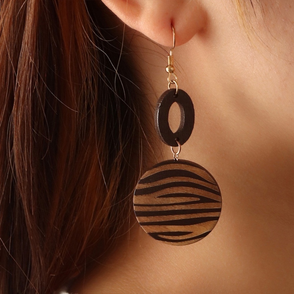 *ANIERA* Dark Brown Simple Round Zebra Print Wooden Fashion Earrings